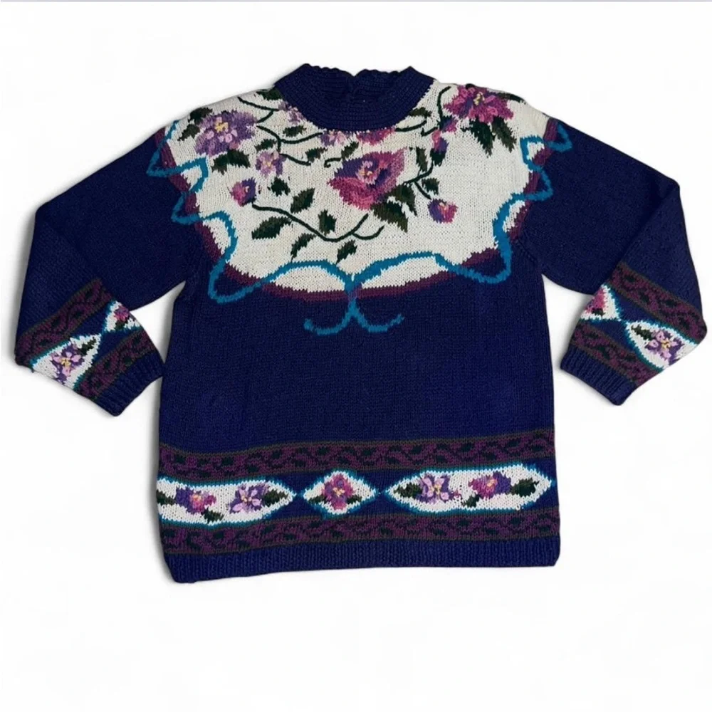 Vintage Floral Thick Knit Northern Isles Cotton Sweater XL